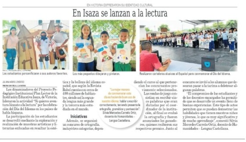 Publicación en el periódico La Patria acerca del día del idioma en Isaza
